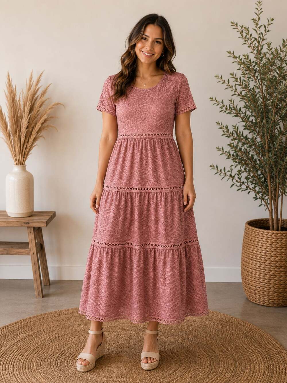 Polagram Dusty Rose Lace Midi Dress 1XL Tiered Eyelet Plus Size Modest Boho